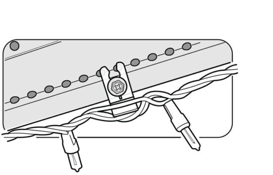 Illustration of a string of lights fastened to a gutter using a clip and screw. The lights are twisted around each other and secured against the edge of a roof or gutter.