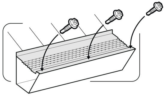 Black and white illustration of a rectangular bracket and three bolts, with arrows indicating the bolts are to be inserted into pre-drilled holes in the bracket.