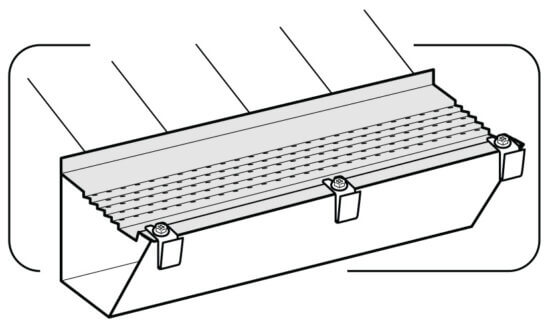 A black and white line drawing of a rectangular metal box with a grooved lid, secured by three bolts on the front. Arrows indicate how the lid can be removed or how something slides out.