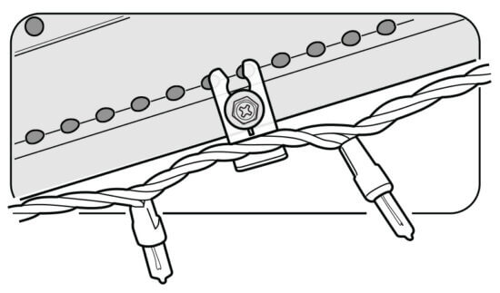 Black and white illustration showing two wires twisted together and secured under a screw terminal on a metal bar, with round holes or rivets visible along the bar.