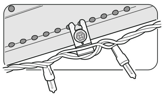 Black and white illustration of two string lights secured under a metal screw and fastener on a flat surface, with the bulbs pointing downward.