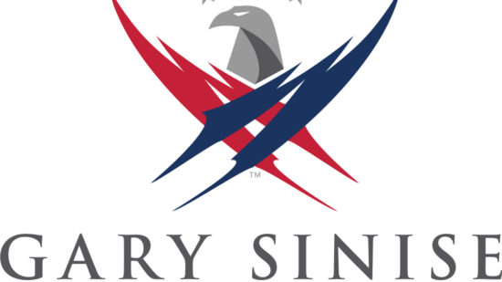 Logo featuring a stylized eagle head above red and blue wing-like shapes, with the name Gary Sinise in large gray letters below, symbolizing strength and quality like stainless steel micro-mesh that’s proudly made in the USA.