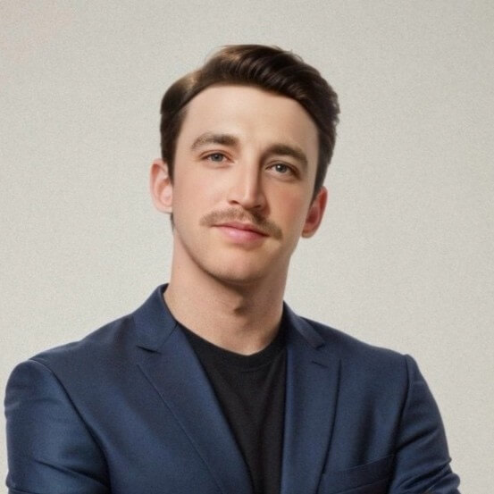 A young man with short brown hair and a mustache, representing a gutter guard manufacturer known for V-Bend Technology, stands against a plain light background with a slight smile, his arms crossed in a navy blue blazer over a black shirt.