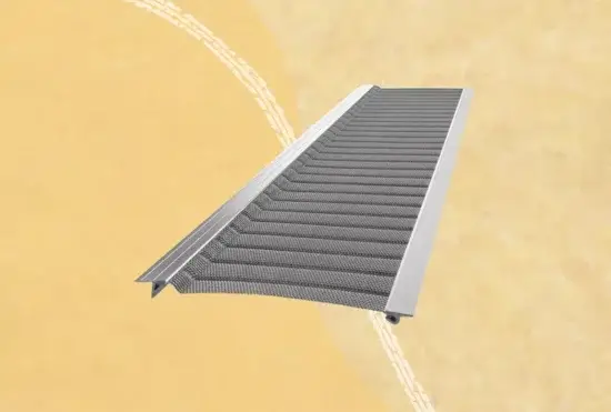 A portable metal wheelchair ramp with a ridged surface, featuring stainless steel micro-mesh, is placed on a tan background with white curved lines.