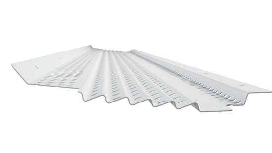 A white, perforated metal panel featuring a zigzag, corrugated design with RiserStep Technology by Gutterglove, viewed from a low angle on a plain white background.