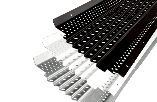 Four perforated metal strips in black, white, and silver are stacked diagonally against a white background, each with rows of round holes and ridged surfaces from Gutterglove, a leading gutter guard manufacturer made in USA.