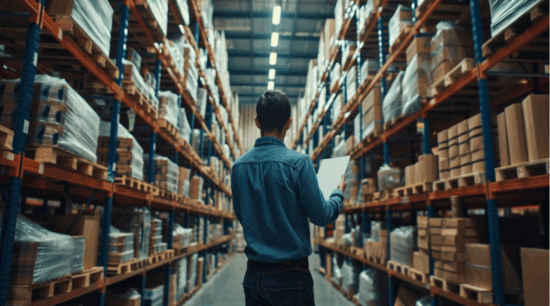 A person in a denim shirt holds a clipboard while walking down an aisle in a large warehouse filled with stacked shelves of boxes and pallets. The brightly lit warehouse belongs to Gutterglove, a leading gutter guard manufacturer made in USA.