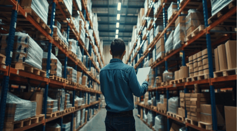 A person in a denim shirt holds a clipboard while walking down an aisle in a large warehouse filled with stacked shelves of boxes and pallets. The brightly lit warehouse belongs to Gutterglove, a leading gutter guard manufacturer made in USA.