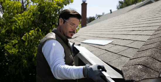 A man wearing safety glasses and gloves installs or repairs a gutter on the edge of a shingled roof, surrounded by trees and a clear sky.