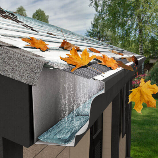 Illustration of a house roof with autumn leaves on top, showing water flowing over a gutter guard system designed to keep debris out of the gutter while allowing rainwater to flow through.