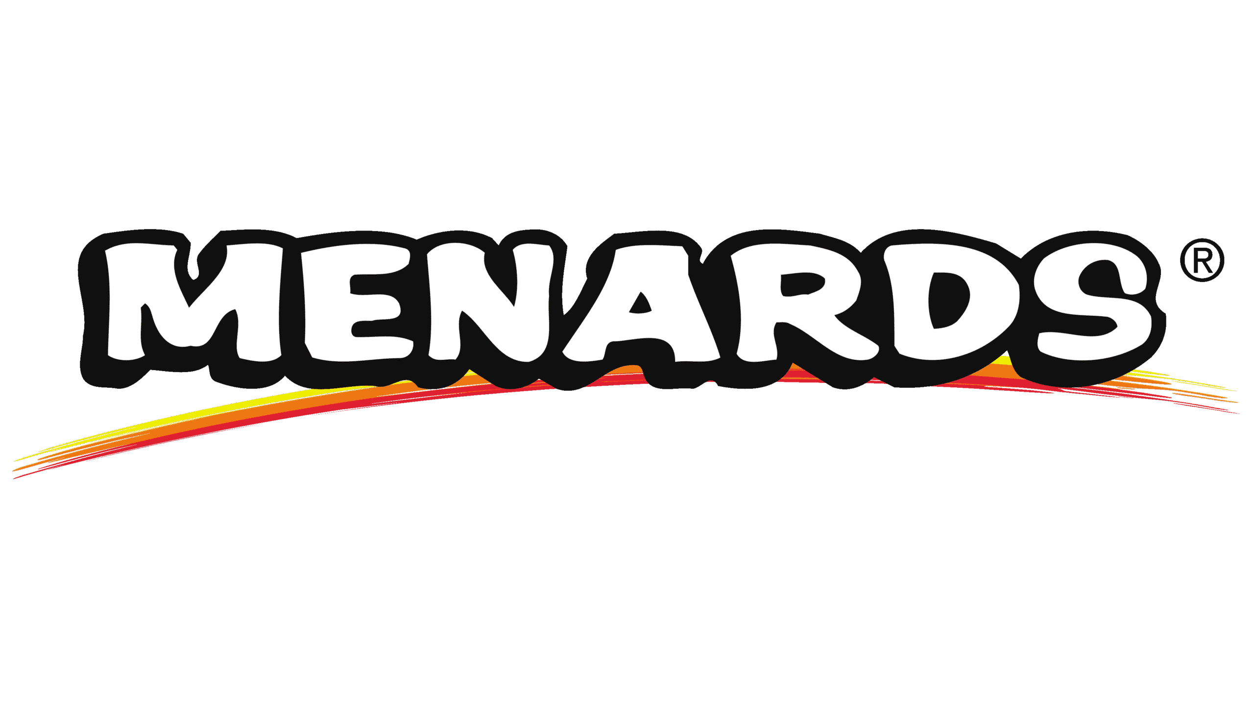 The Menards logo with bold, white letters outlined in black above red, yellow, and orange swooshes.