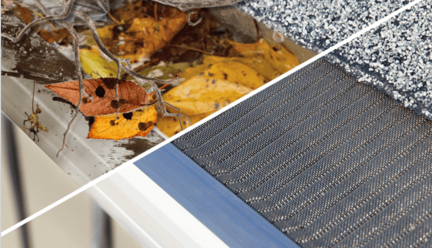A split image showing a gutter clogged with autumn leaves and debris on one side, and a clean, covered gutter with a protective mesh on the other side.