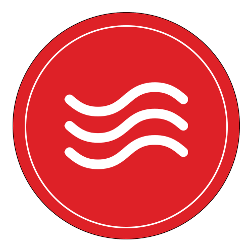 A red circle with three white, curved, horizontal lines in the center, resembling waves or airflow, symbolizing air or ventilation.