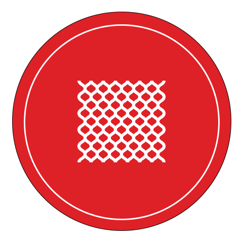 A red circular icon with a white outline, featuring a white mesh or net pattern in the center.