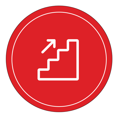 White staircase icon with an upward arrow on a red circular background, representing growth, progress, or moving upward.