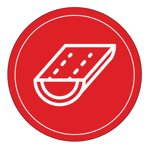 A white icon of a sanding block on a red circular background, depicted at an angle with dotted lines suggesting the textured abrasive surface.
