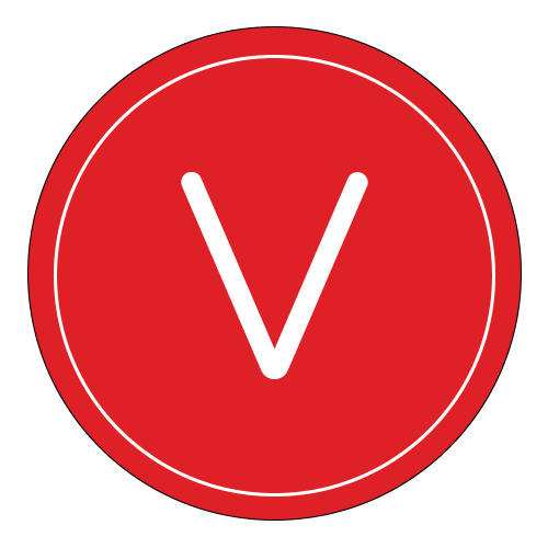 A bold white letter V centered on a solid red circle with a thin white border and an inner white outline.