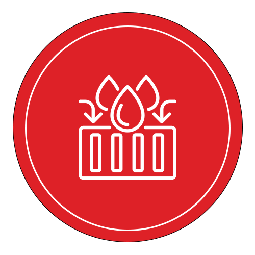 A red circular icon with a white outline of water drops above a surface, suggesting absorption or filtration, with downward arrows indicating liquid movement.