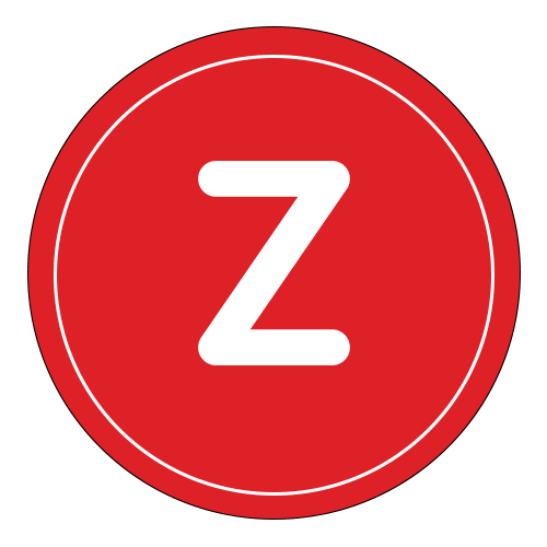 A bold white letter Z is centered inside a solid red circle, which is outlined by a thin white ring near the edge. The background is light gray.