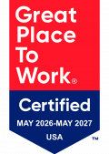 A badge with red and blue background reads: Great Place To Work Certified MAY 2026-MAY 2027 USA in bold white letters.